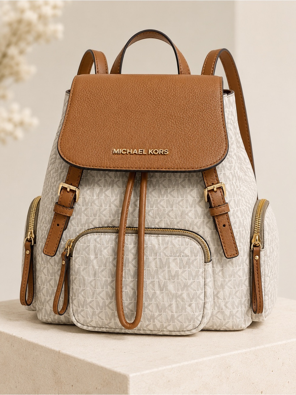 Michael Kors Abbey Large Cargo Backpack in Vanilla/Acorn